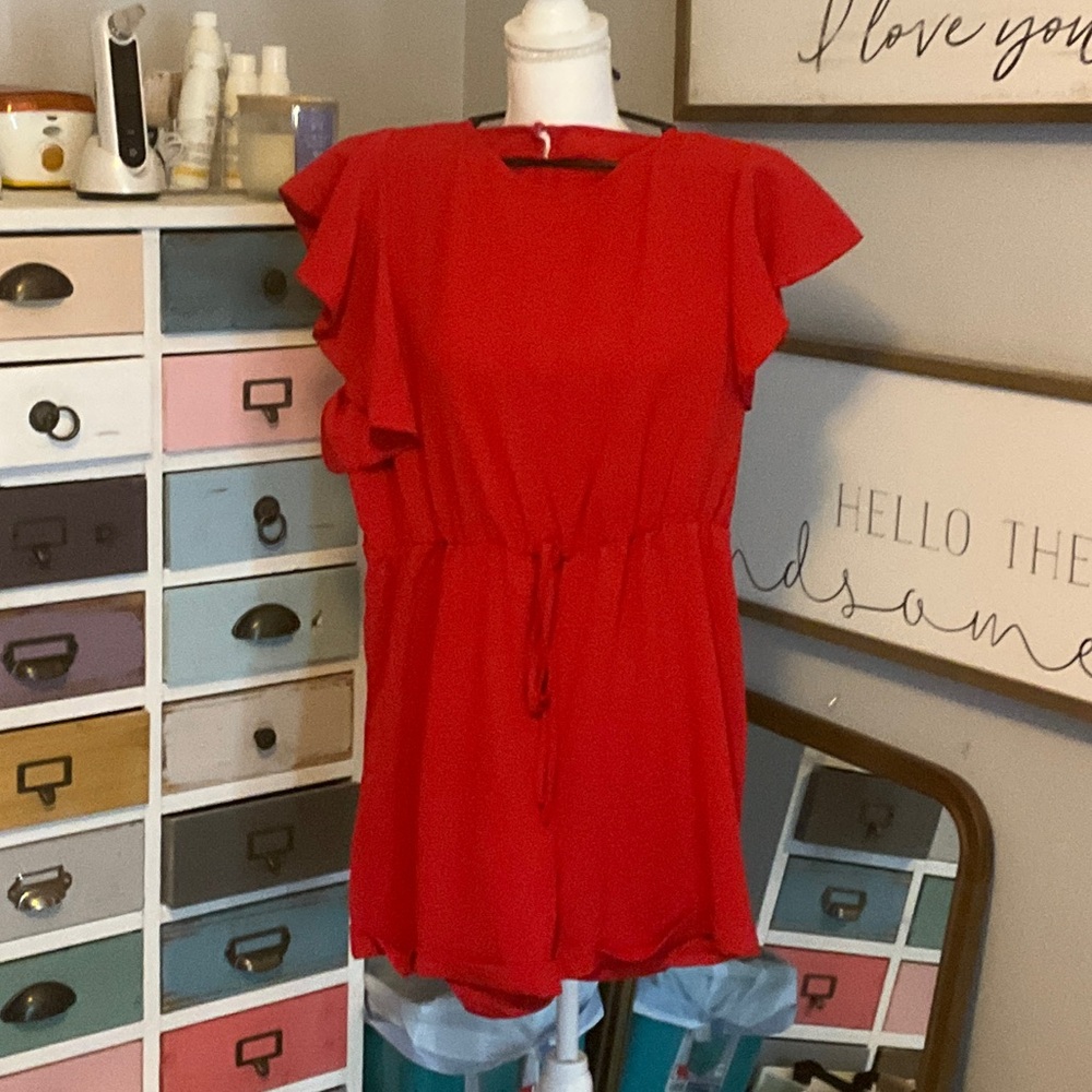 Red Ruffle Sleeve Romper
